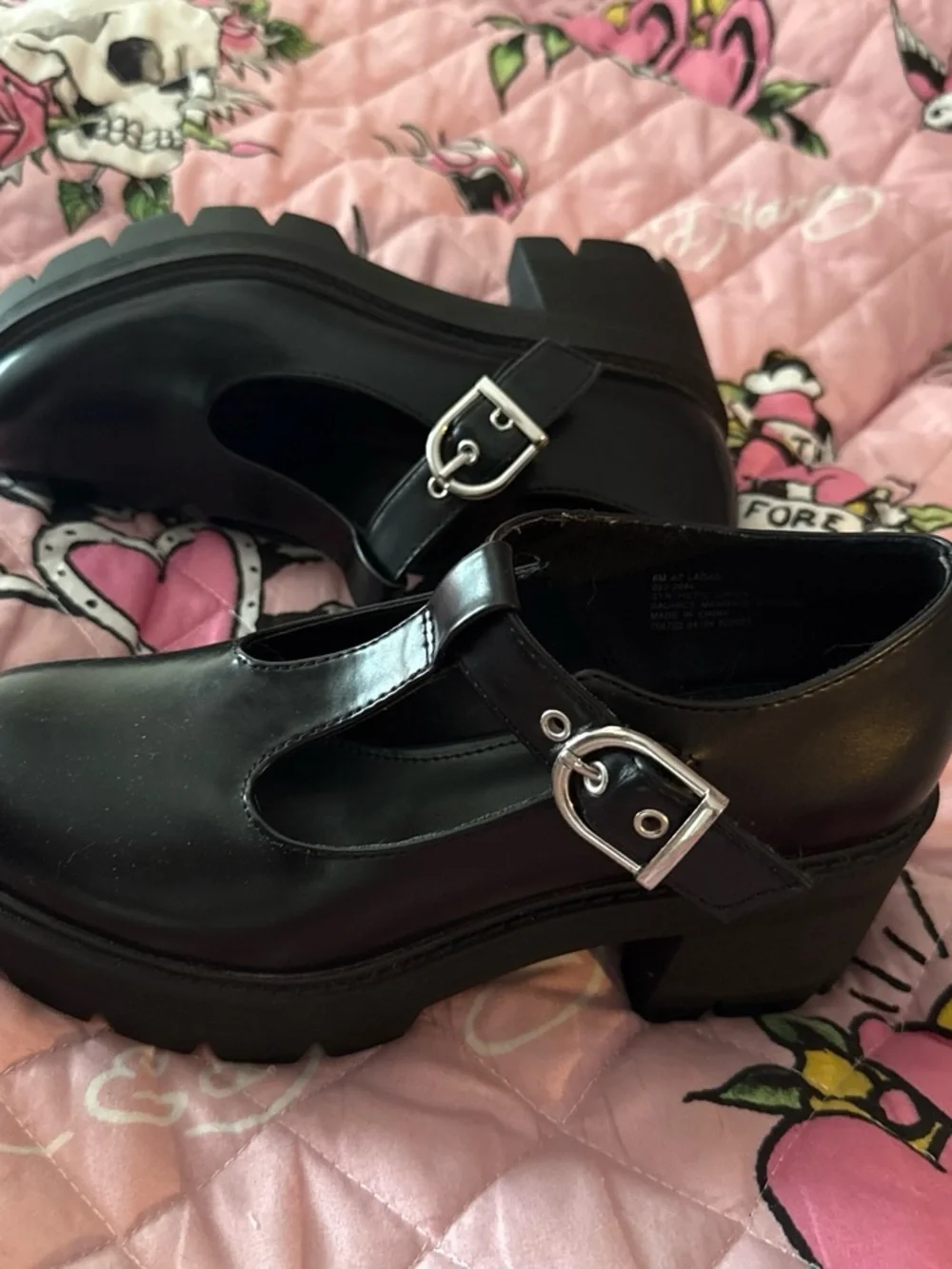 Arizona Jean Company Black Patent Mary Jane Platform Shoes with Silver Buckles